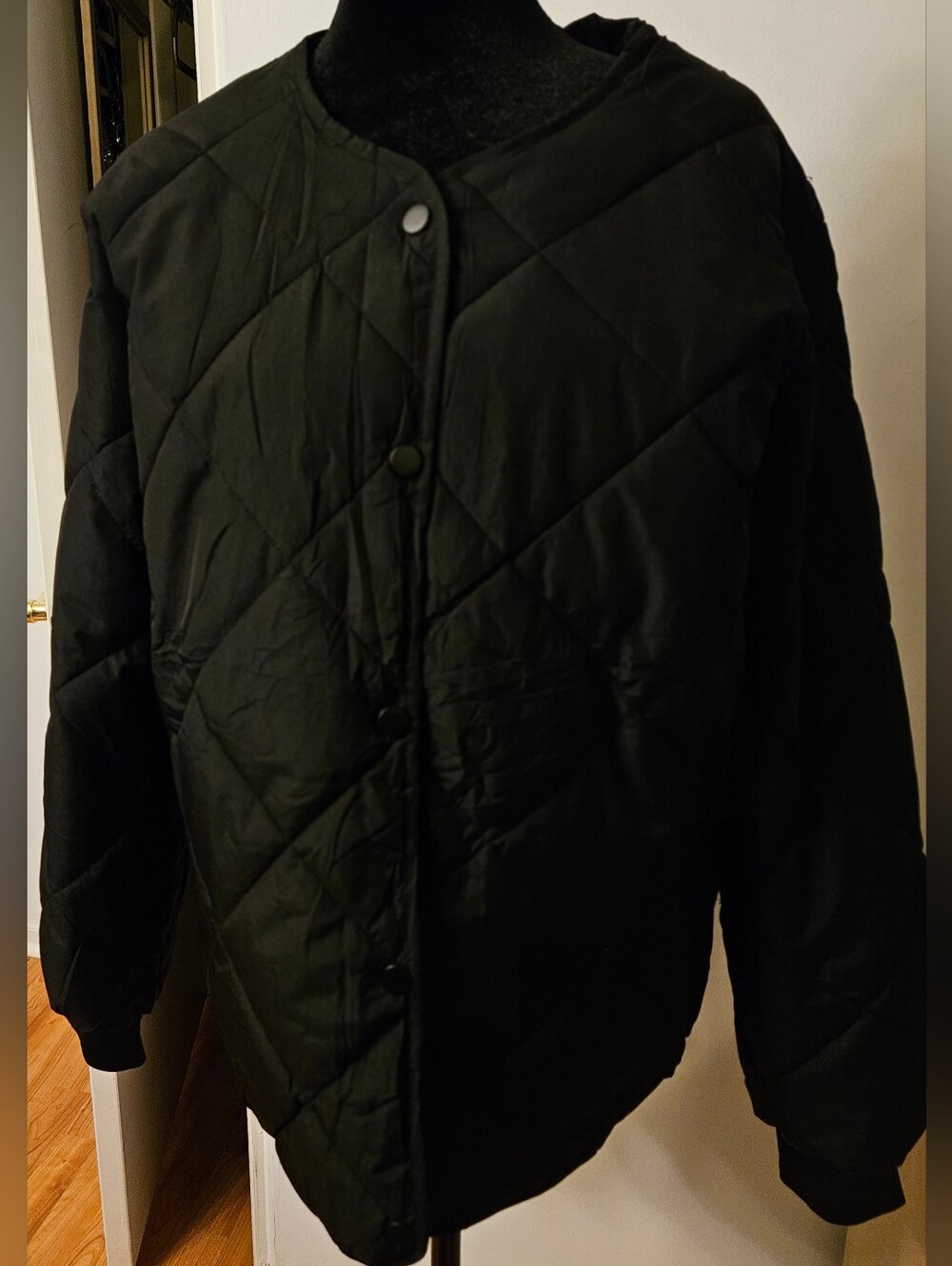 Black Diamond Quilted Collarless Snap Front Jacket Coat